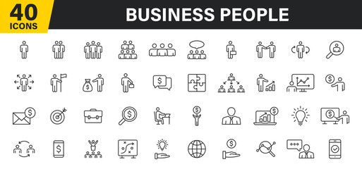 Set of 40 Business people and teamwork web icons in line style. Business, teamwork, leadership, manager. Vector illustration.