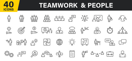Set of 40 Teamwork web icons in line style. Team Work, people, support, business. Vector illustration.