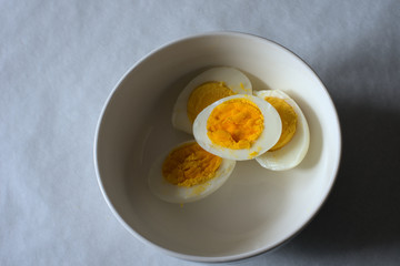 boiled eggs, from organic chicken, living in the meadows