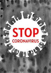 Red inscription stop coronavirus inside the virus cell