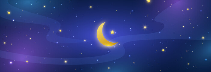 Obraz na płótnie Canvas Night sky long banner. Half moon and stars in midnight. Blue shining space universe. Ramadan Kareem festival background. Starry space wallpaper. Vector illustration