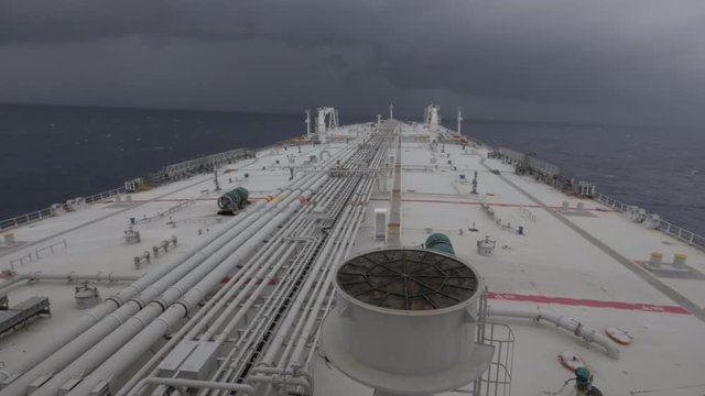 Supertanker in ocean in front of thunderclouds