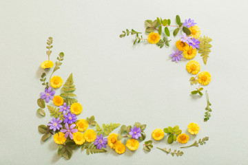 spring yellow and violet  flowers on paper background