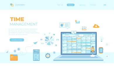 Time Management, organization, planning schedule, distribution of tasks. Laptop with schedule on the screen, app for computer, phone and smart watches. Can use for web banner, landing page, web