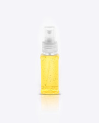 Clear hand sanitizer in a clear pump bottle isolated on a white background. Hand sanitizer is used for killing germs, bacteria and viruses, some of which can cause H1N1 flu or swine flu.