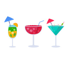 Set of Tropical cocktails. Alcoholic summer drinks in glasses, mojito, vodka, sambuca, martini, juices, bloody mary. Holiday and beach party concept for party invitation, bar menu. Vector illustration
