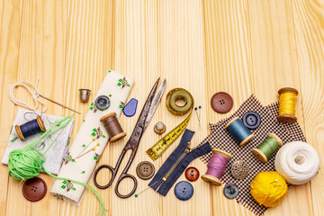 Handmade, DIY concept. Set of tools and materials for sewing. Stay at home in quarantine