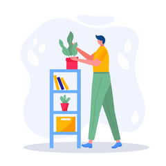 Home garden concept. Young man is holding plant with leaves, cares for flower, watering, planting, cultivating. Illustration of flowers, plants in pots with people enjoying their hobbies. Vector