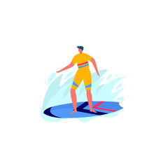 People surfing in beachwear with surfboards. Young women amd men enjoying vacation on the sea, ocean. Concept of summer sports and leisure outdoor activities isolated on white background . Flat vector