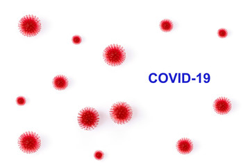  Abstract model of a strain of coronavirus infection COVID-19 with blue text.