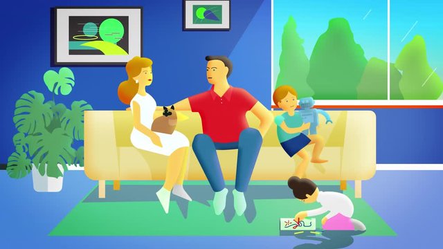 Happy parents are sitting in a spacious living room with a cat, while their son is playing a toy robot, and his daughter is drawing, lying on the carpet. 2D flat animation 4k.
