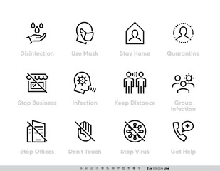 Coronavirus Protection Measures icon set. Vector Pack for infographic or website Contains such Icons as Disinfection, Use Mask, Stay Home, Quarantine, Stop Business, Stop Offices, Infection