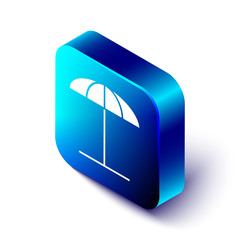 Isometric Sun protective umbrella for beach icon isolated on white background. Large parasol for outdoor space. Beach umbrella. Blue square button. Vector Illustration © Vadim