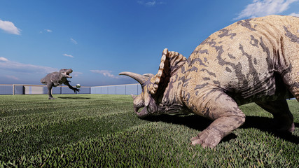 Image of dinosaurs playing football 3D illustration © Sergey Drozdov
