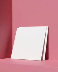 3d rendering of a square business card mockup on a pink background