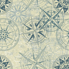 Fototapeta na wymiar Grunge nautical rose wind compass vintage vector seamless pattern