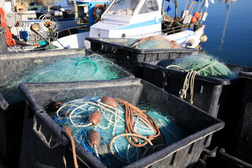 Fototapeta na wymiar Numana (AN), Italy - January 1, 2019: Nets at Numana port, Riviera del Conero, Adriatic Sea, Numana, Ancona, Marche, Italy