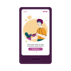 Mobile phone screen with avatar of woman, cartoon vector illustration isolated.