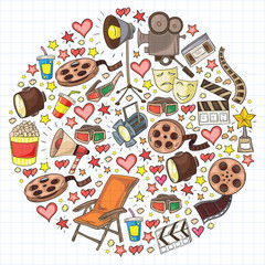 Vector pattern with online cinema icons. Movie Theater, TV, popcorn, video clips, musical