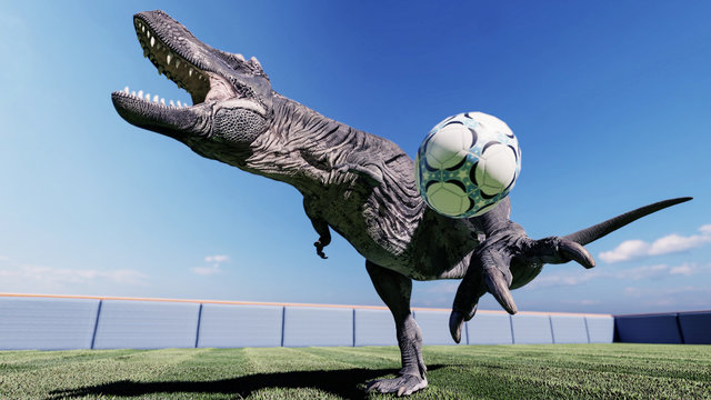 Image of dinosaurs playing football 3D illustration