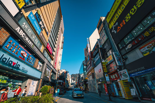 Busan, Korea - February 21, 2020 : Nampodong shopping street at daytime in Busan City, South Korea.