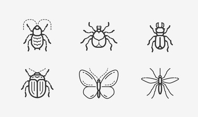 Insects icon set in linear style. Animals vector illustration
