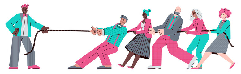 Man in tug of war competition with whole team of people