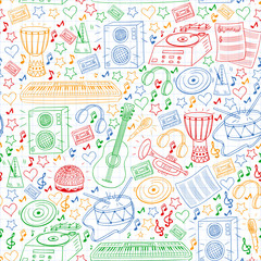 Online music school. Rock, jazz, disco, karaoke. Modern and classic music. Doodle style icons.