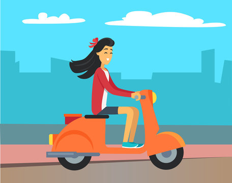Brunette woman riding scooter on asphalted road. Girl driving orange motorbike outdoor. Silhouette of buildings and skyscrapers, cityscape, view on background. Vector illustration in flat style