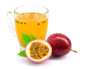 Glass of passion fruit ( maracuya ) juice isolated on white background.