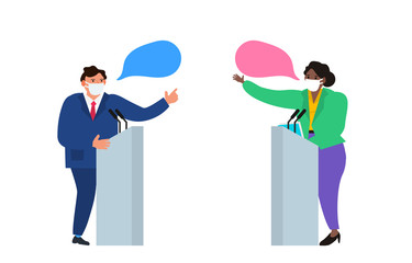 political debates two politicians man and woman in protective masks  coronavirus threat  vector illustration