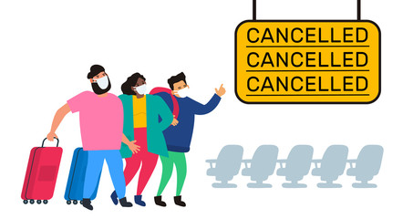 cancelled flights passengers in protective masks look at airport departures board coronavirus covid 19 threat vector illustration