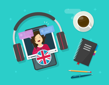 Learn english online on cellular phone or study foreign language on mobile smartphone education lesson on desk table vector flat cartoon illustration, studying english via headphones modern image
