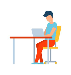 Male working in internet technologies field vector, person with laptop typing info, isolated male in flat style. Modern worker concentrated on job