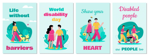 Disabled people support and inspiration cards set flat cartoon illustration.