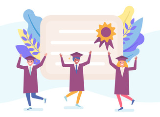 University and college graduates in black gowns and diploma happy characters learning people flat vector illustration. Education and sucessful graduation, celebration of graduate young people.