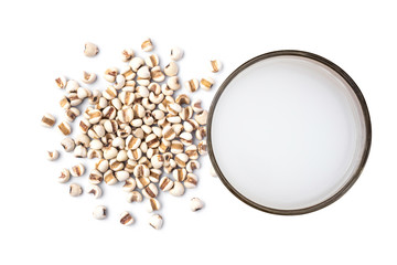 millet milk and white Job's tears isolated on wood table background.