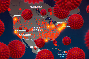 Outbreaks in in the United States of America, Canada, Mexico. Map with foci of infection covid-19...