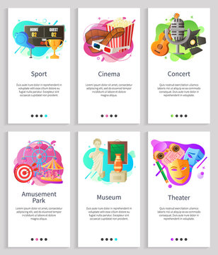 Theater and concert vector, sport and museum, amusement park and cinema relaxation, attraction and things to do on weekends, musical performance. Website or slider app, landing page flat style