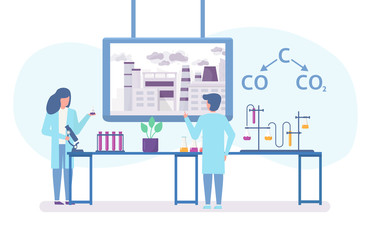Chemical research in ecology of polluted city with scientists people and chemical formula of air polution flat vector illustration. Carbon dioxide emissions polutes air research concept.