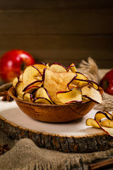 Baked Cinnamon Red Apple Chips. Selective focus.