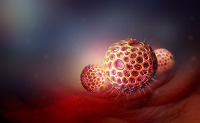 Allergens in body under microscope. Spores of pollen, fungi, germs, viruses. Virology and Microbiology 3D illustration