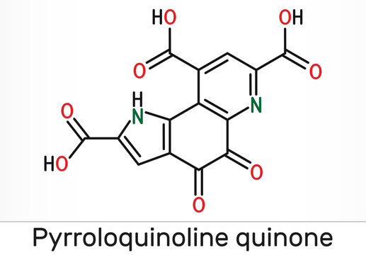 Pyrroloquinoline quinone,  PQQ , methoxatin  C14H6N2O8 molecule. It has a role as a water-soluble vitamin and a cofactor. Structural chemical formula and molecule model