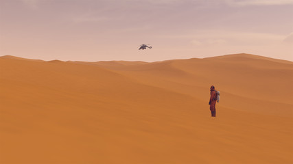 Fototapeta na wymiar Sci-Fi Helicopter Flying Over Desert Sand Dunes with Person in a Hazmat Suits Observing it