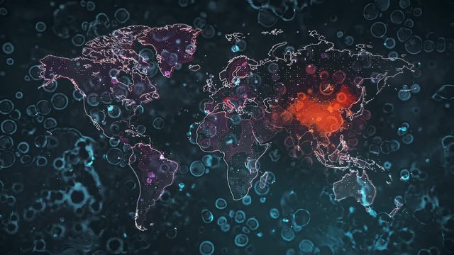 Motion graphics of a global map with the localization and spread of a new pandemic of coronavirus infection in the world. Suitable for mapping outbreaks of diseases, epidemics and  emergency.