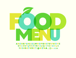 Vector template Food Menu with decorative Leaf. Creative green Font. Trendy Alphabet Letters and Numbers