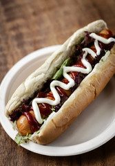 classic hot dog with frankfurter sausage and sauces
