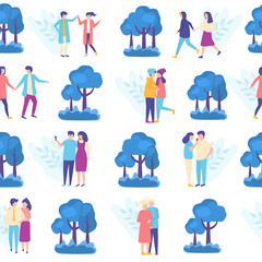 Fototapeta premium Lovers people in park seamless pattern, vector ilustration with romantic couples and trees. Ypung people in couples walking together. Wrapping paper or textile template.