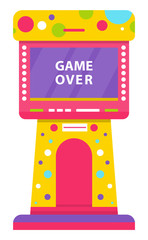 Game over vector, finish of playing in game machine. Entertainment in pastime, screen monitor with inscription, pedestal decorated with bubbles and dots