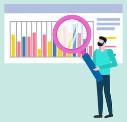 Worker standing with loupe, board with colorful graph. Business idea and statistic research, man holding magnifier, business idea and report vector